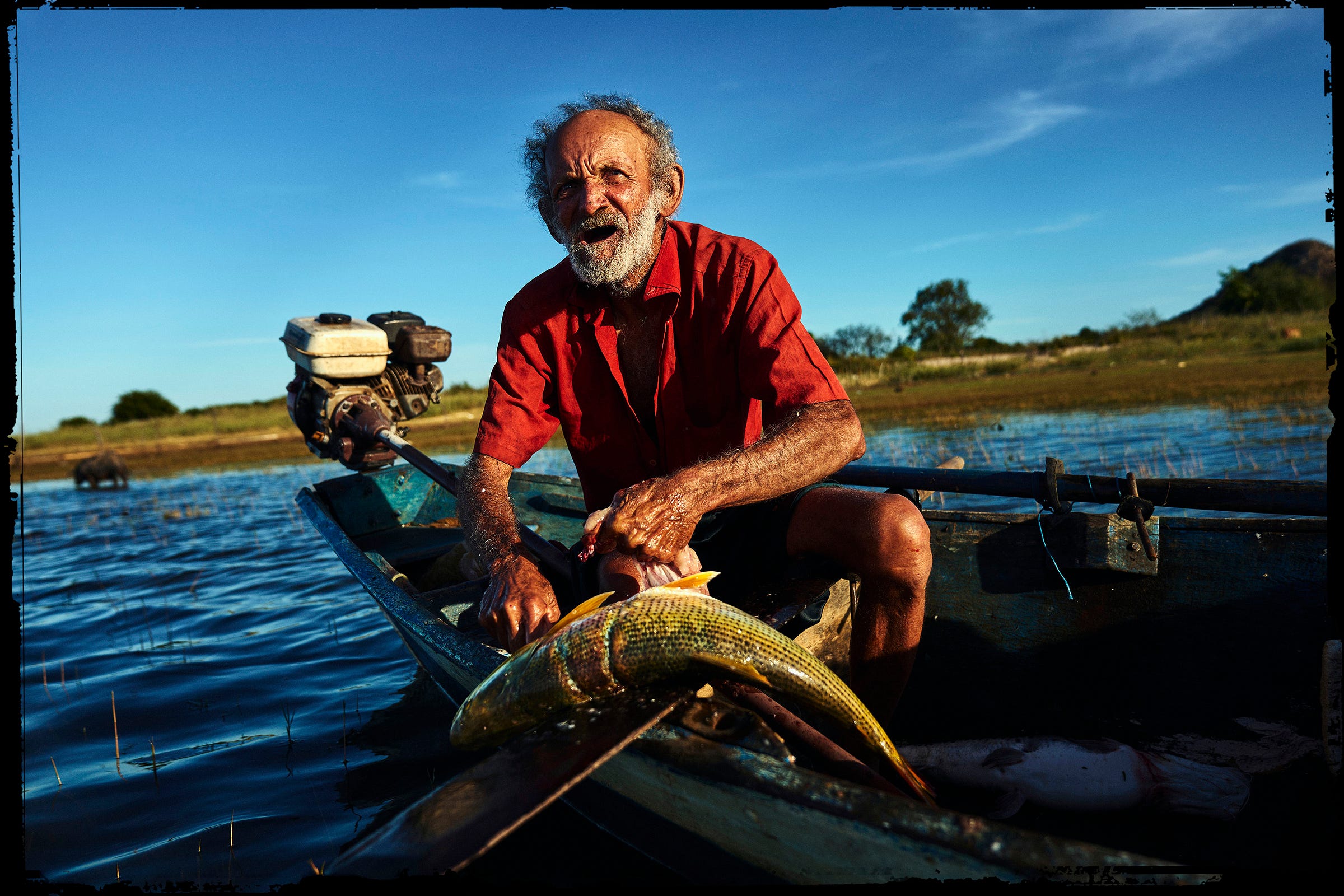 An elderly man in a red shirt sits smiling in a small boat on a lake, holding a large fish. The sun is shining and the background shows blue sky, water, and distant trees.