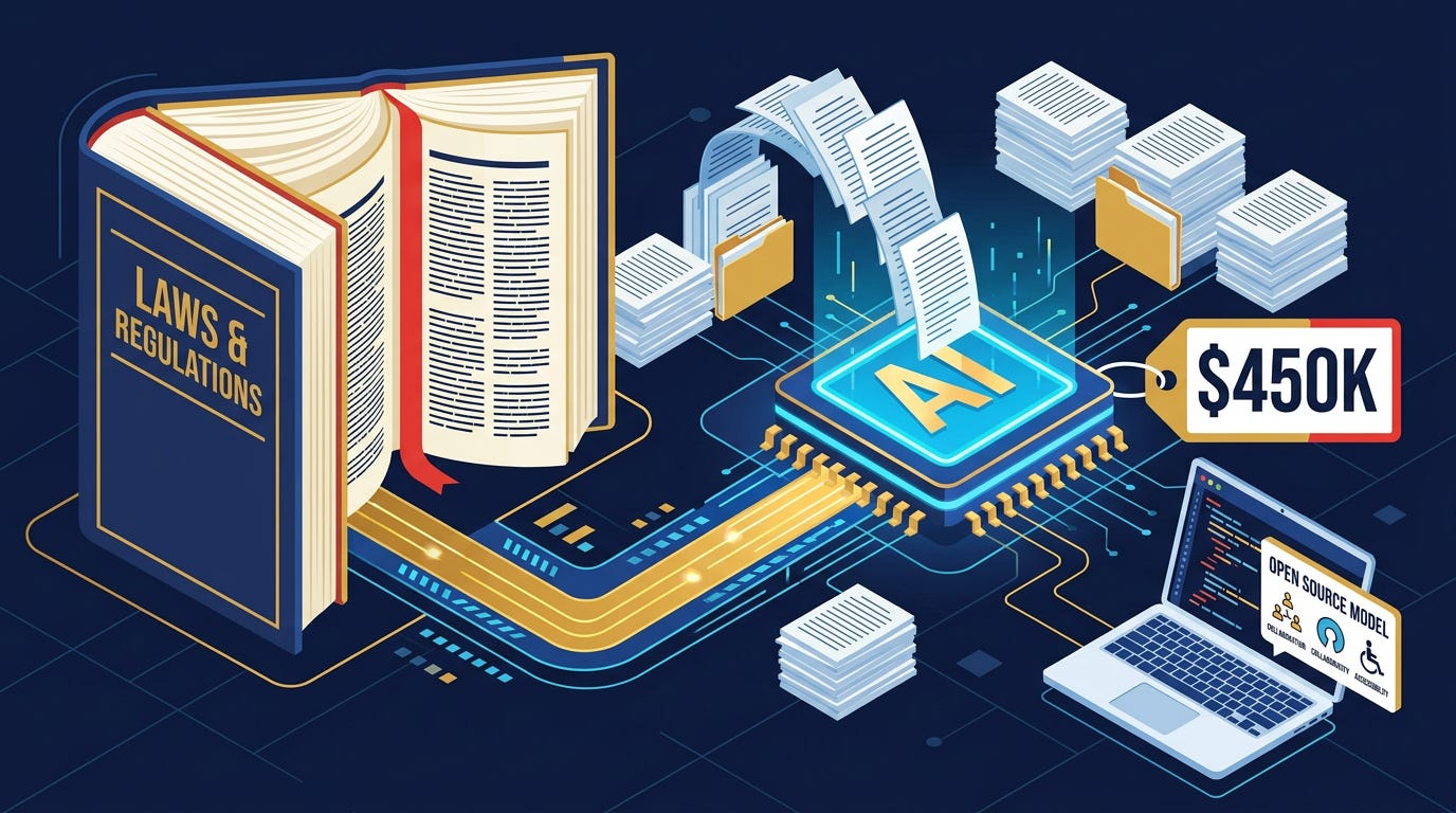 Flat isometric illustration of a giant law book being connected to a glowing AI chip, stacks of legal documents flowing into the chip and a small price tag reading "$450K" beside it, a smaller open-source model sitting on a laptop in the foreground, dark navy background, clean vector art style, bold red, blue and gold accents, modern technology business editorial aesthetic Flat isometric illustration of a giant law book being connected to a glowing AI chip, stacks of legal documents flowing into the chip and a small price tag reading "$450K" beside it, a smaller open-source model sitting on a laptop in the foreground, dark navy background, clean vector art style, bold red, blue and gold accents, modern technology business editorial aesthetic