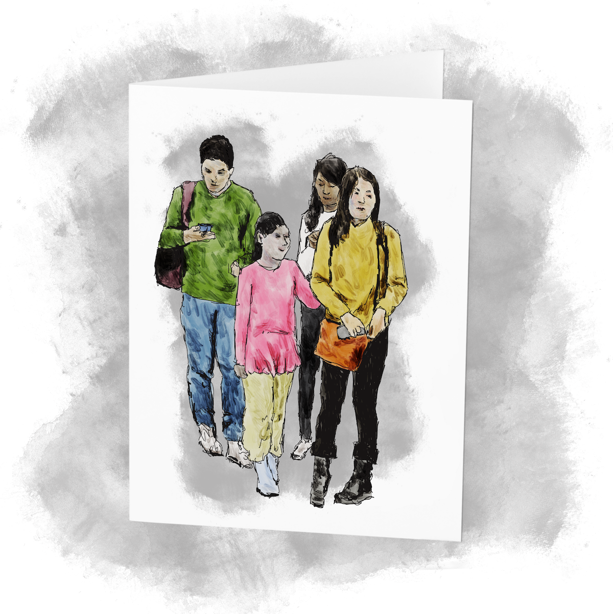 Mainly engaged with their phones, a group of people stand and wait as they slowly approach the front of the line. Sketch art by Don Rice.