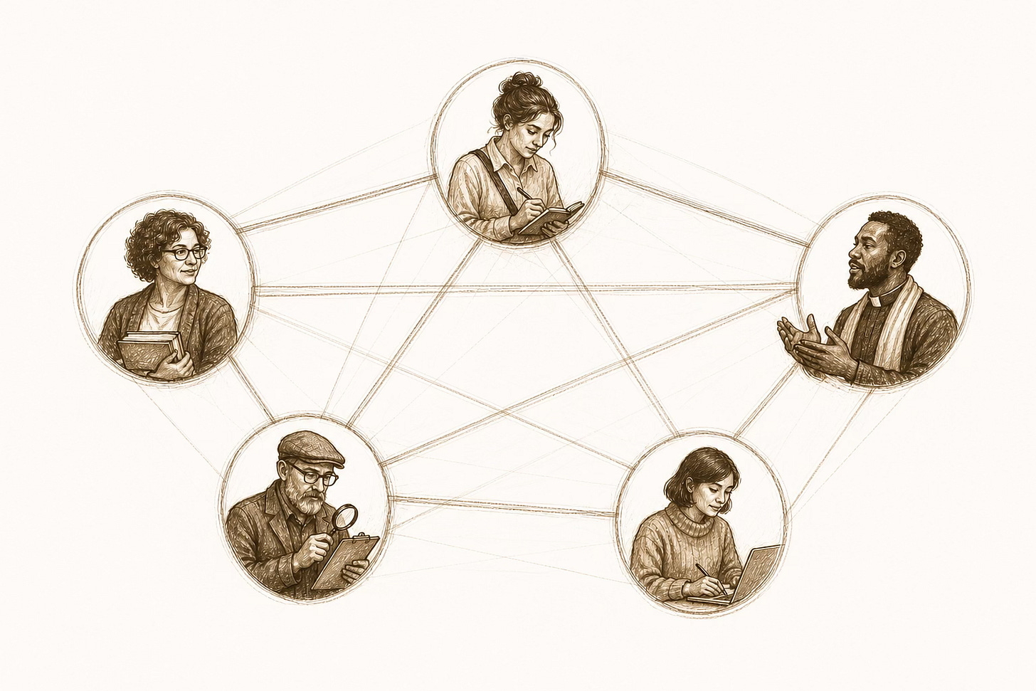 A sepia-toned pencil illustration showing five people in circular frames connected by a web of intersecting lines. Clockwise from top: a reporter writing in a notepad, a faith leader with hands raised mid-conversation, a writer working on a laptop, an older man with a magnifying glass and clipboard, and a woman holding books. The connecting lines between all five figures suggest a network of mutual relationship rather than hierarchy.