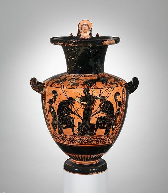 A Greek hydria showing Achilles and Ajax playing a board game at Troy