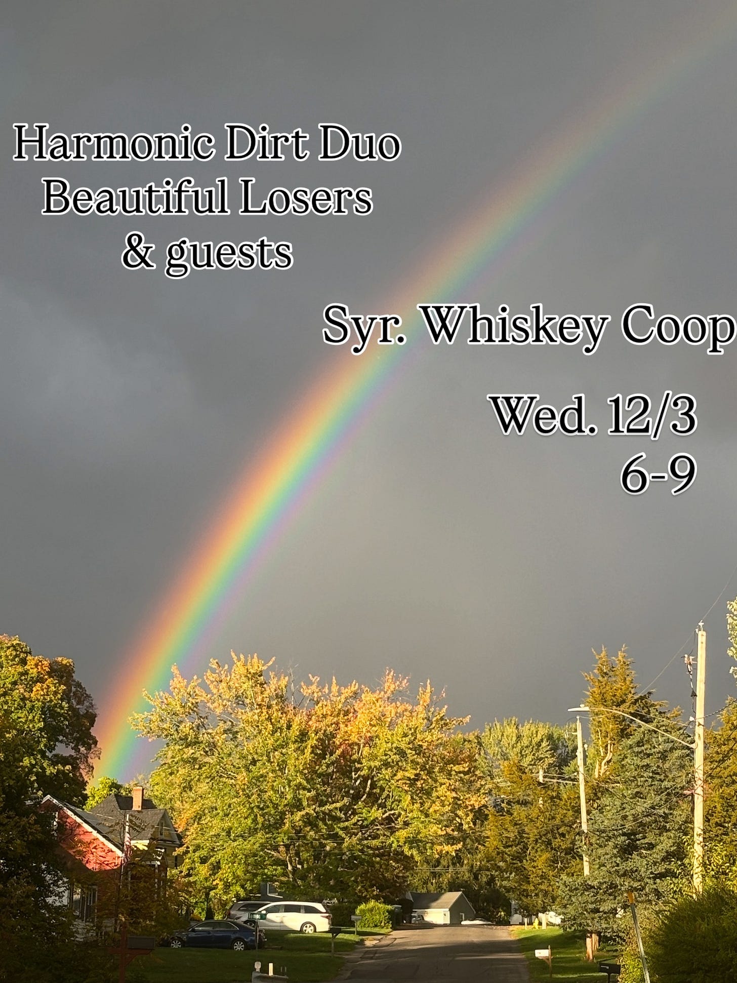 May be an image of text that says 'Harmonic Dirt Duo Beautiful Losers & guests Syr. Whiskey W Coop Wed. 12/3 6-9'