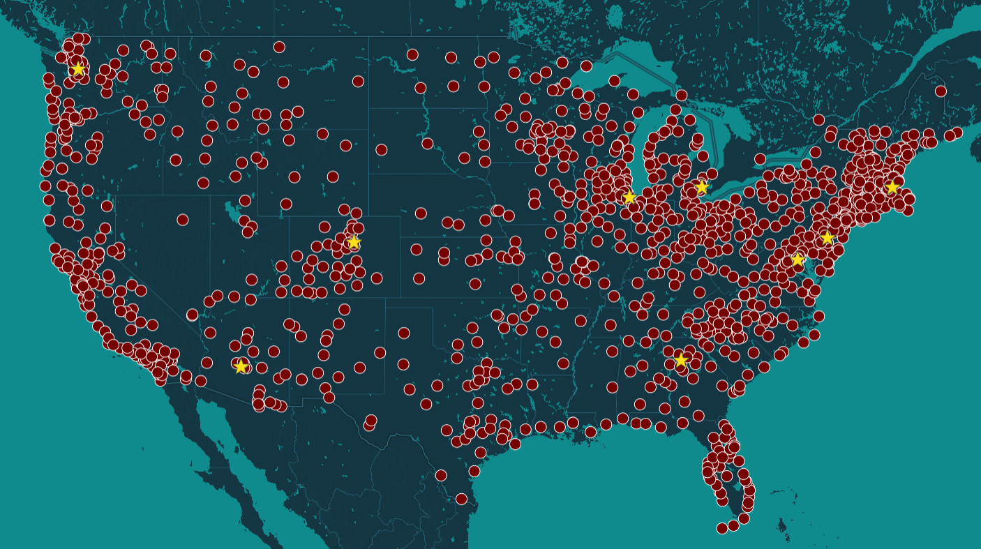 Screenshot of map from Hands Off 2025 site showing hundreds of dots around the United States where protests were planned.