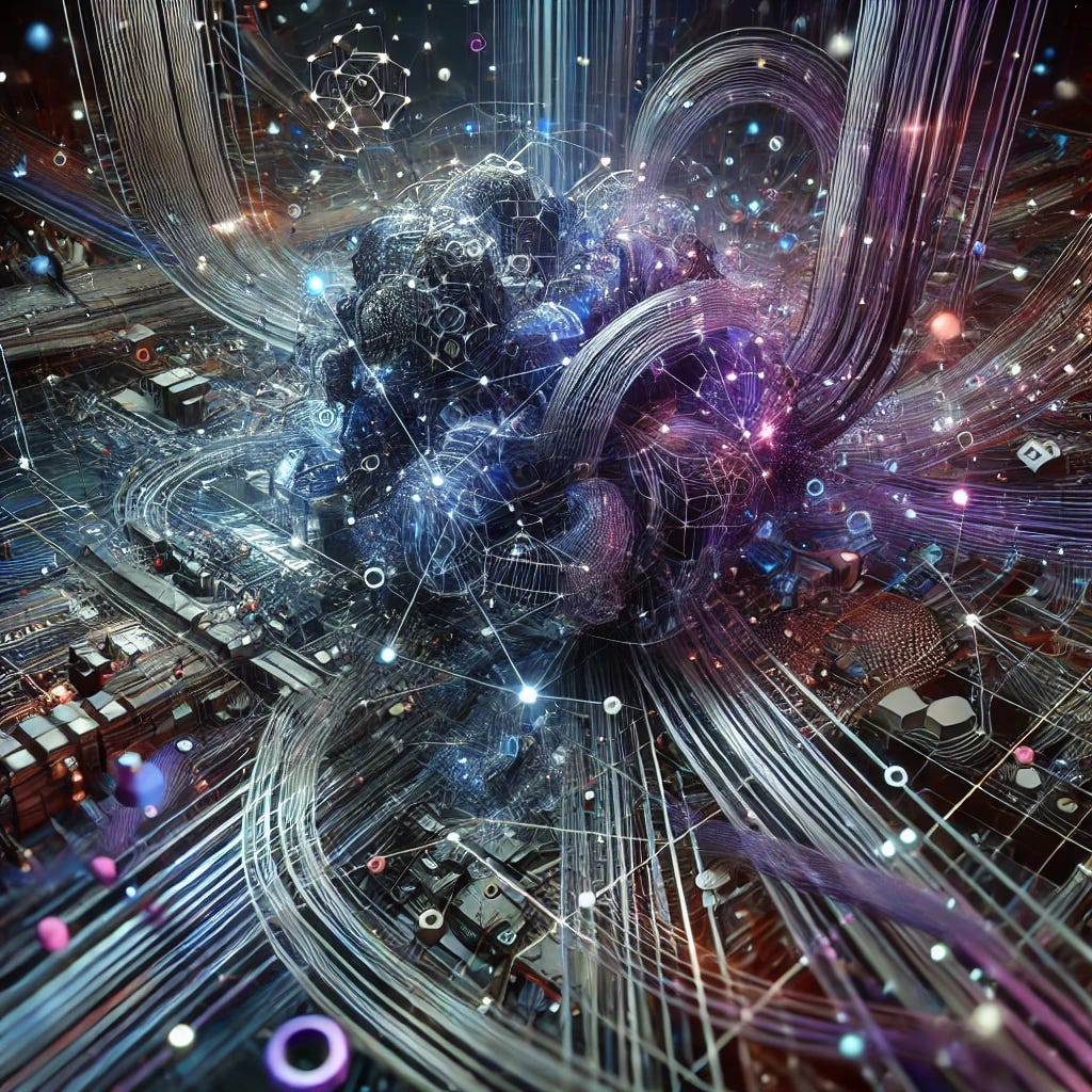 A complex abstract visual representing the concept of 'Ads Recommendation in a Collapsed and Entangled World.' Focus on data streams intertwining and collapsing into clusters, with layers of network nodes connected through intricate lines. Use futuristic, metallic textures and geometric shapes in a digital space. Colors should include deep shades like dark blue and purple with vibrant neon elements to highlight the chaotic but organized flow of data. The image should convey a sense of data overload and tangled connections in a high-tech world. No text.
