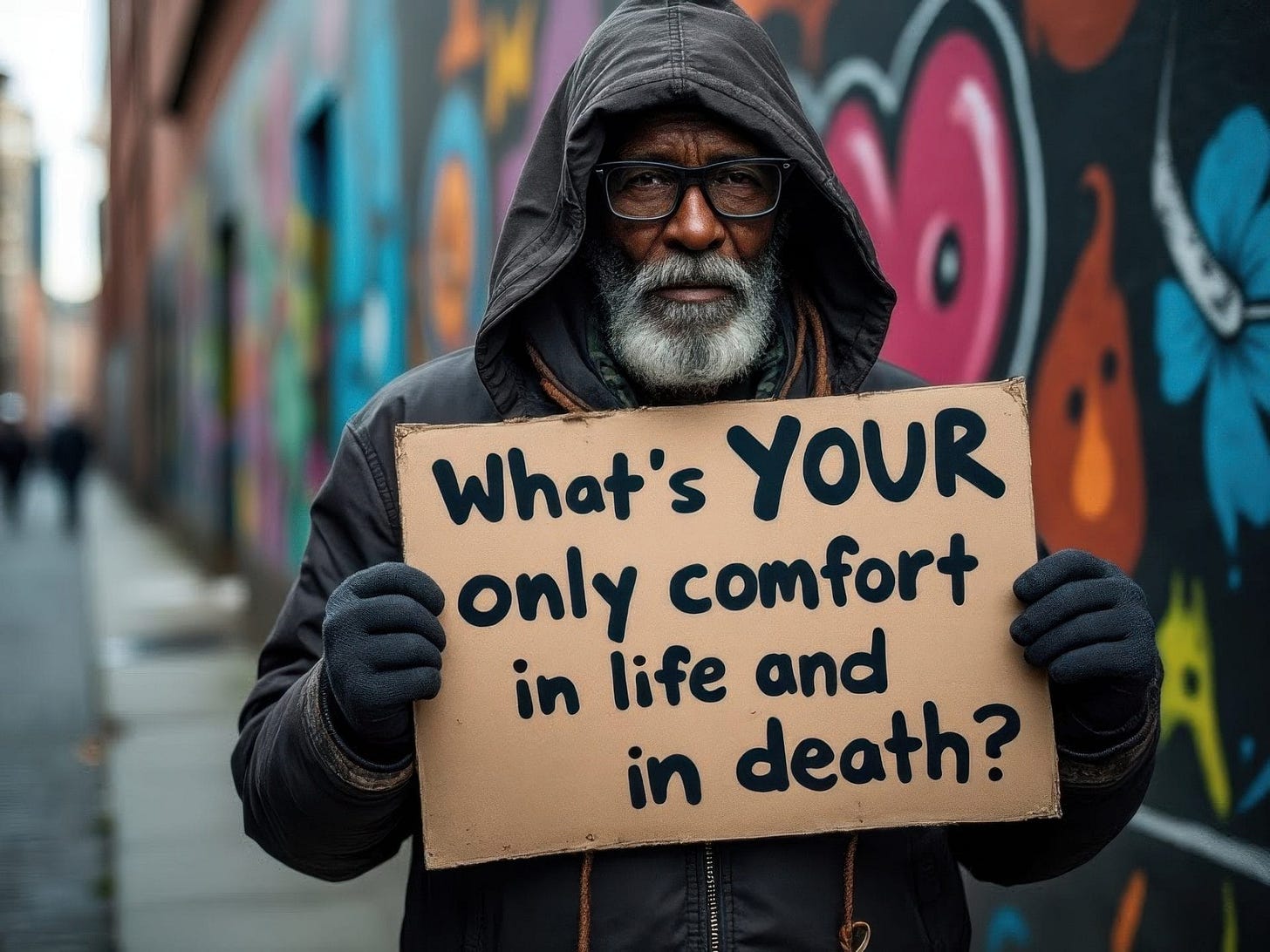 An old man standing in an alley with a cardboard sign asking a question: What's your only comfort in life and death?
