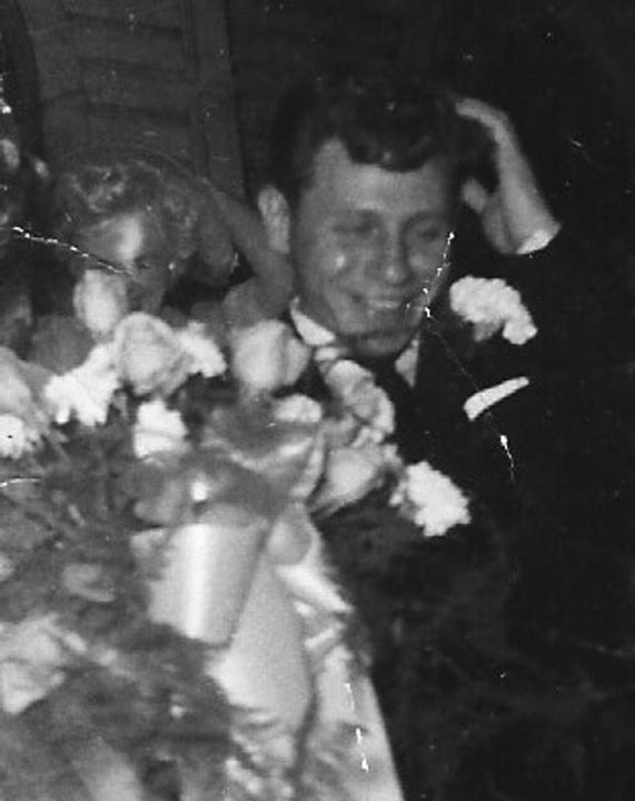 young black and white image of grandfather on the left, recent color image of grandfather on right