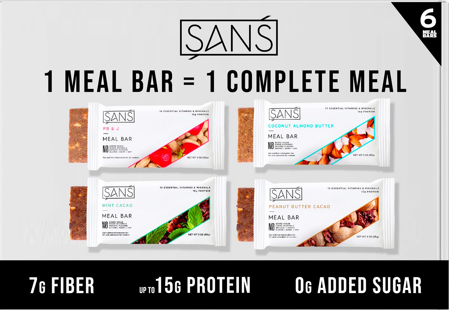 Sans Meal Replacement Protein Bar, Gluten Free, Healthy High Protein Snacks, High Fiber, No Sugar Added, Dairy Free, Soy Free, Variety Pack, 6 Bars