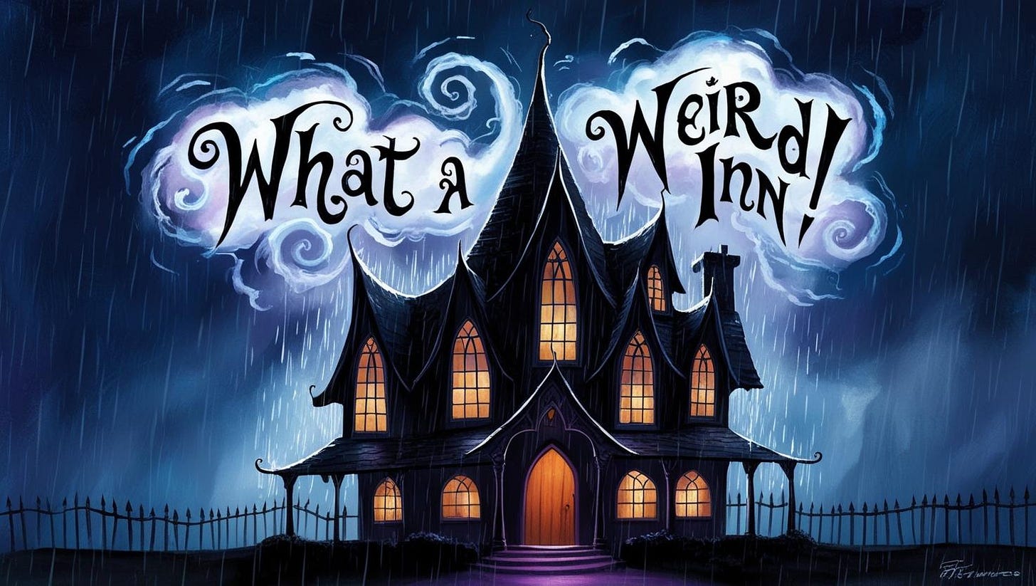 An odd-looking building with triangular eves and lots of windows. There are rain clouds in the sky with the words "What a Weird Inn!" appearing on them.