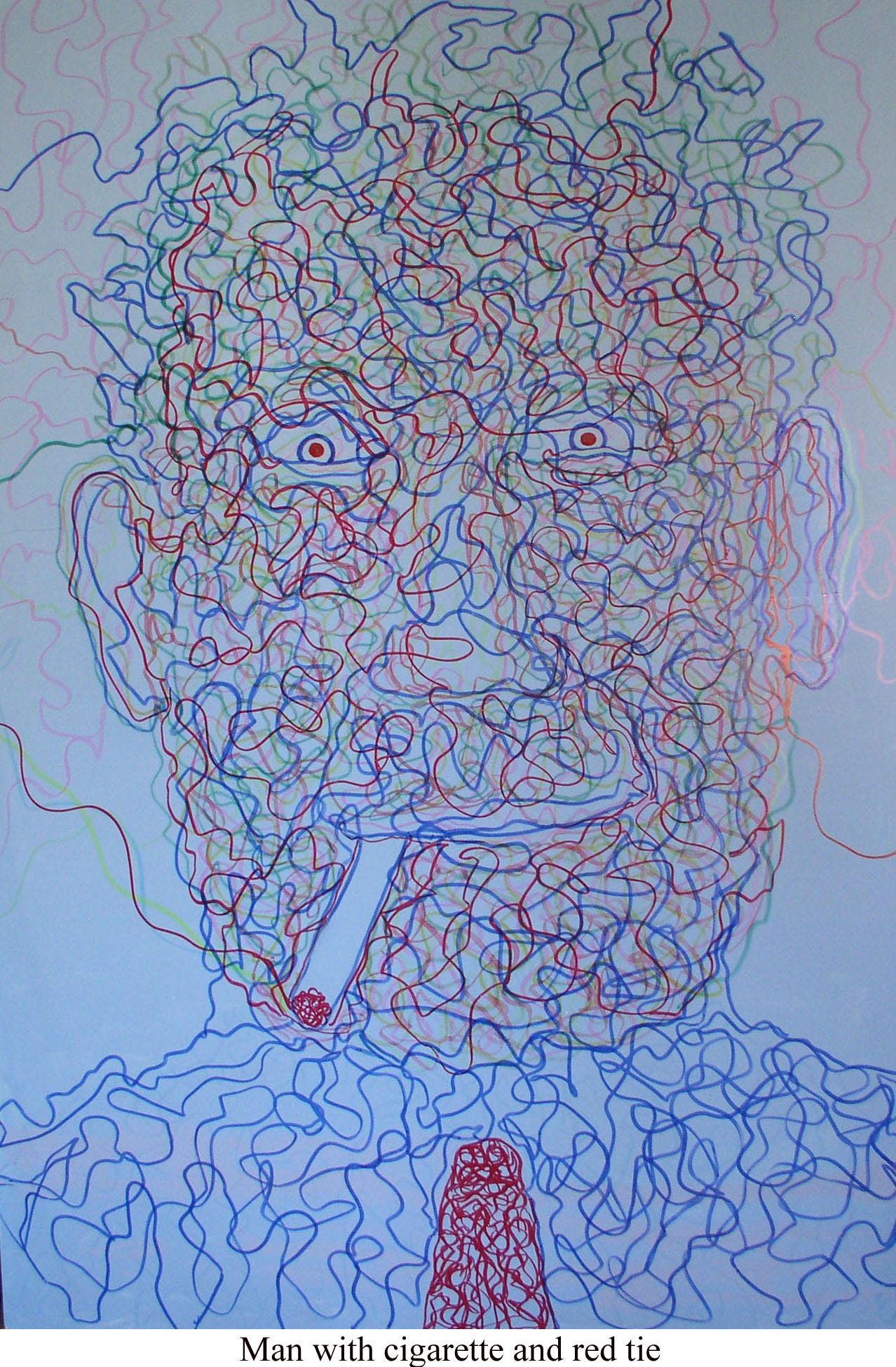 face made up of squiggle lines in blue, green, and red, close up with staring eyes, red tie, and cigarette dangling from mouth face made up of squiggle lines in blue, green, and red, close up with staring eyes, red tie, and cigarette dangling from mouth