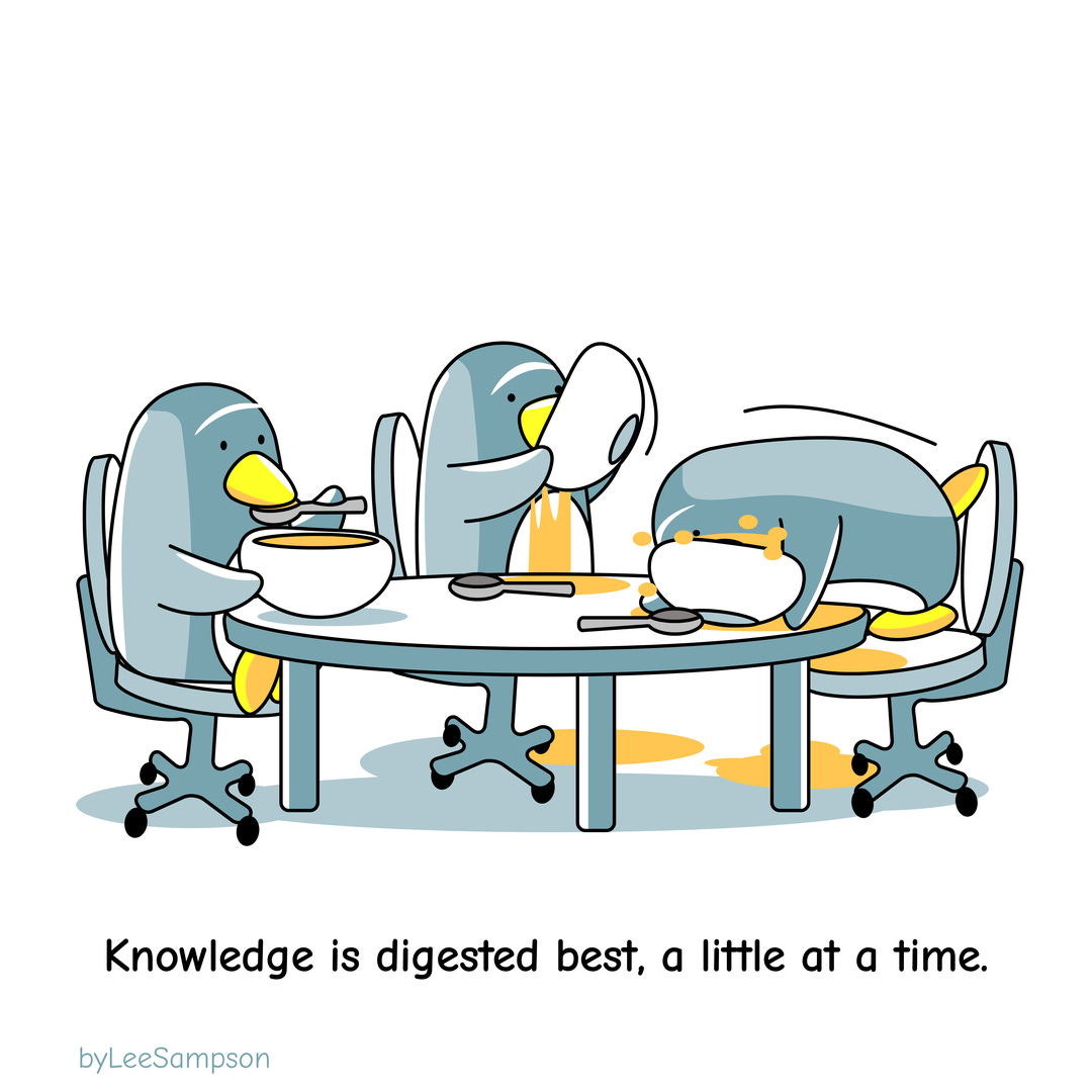 A leadership cartoon about effective coaching using penguins drinking soup as an analogy by Lee Sampson.