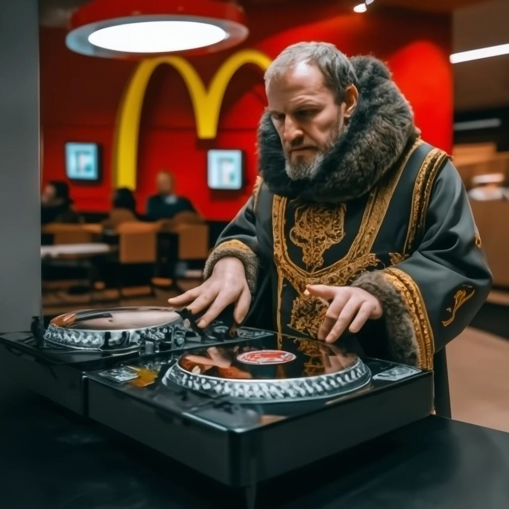 polish king Casimir III spinning dj turntables in MacDonald's