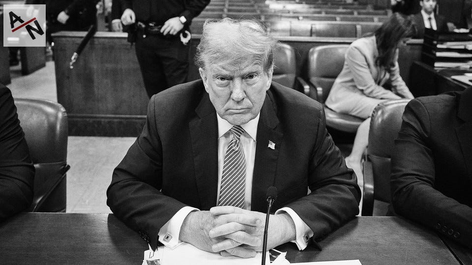 A black-and-white photo of Donald Trump in Manhattan Criminal Court for his trial, on April 19, 2024