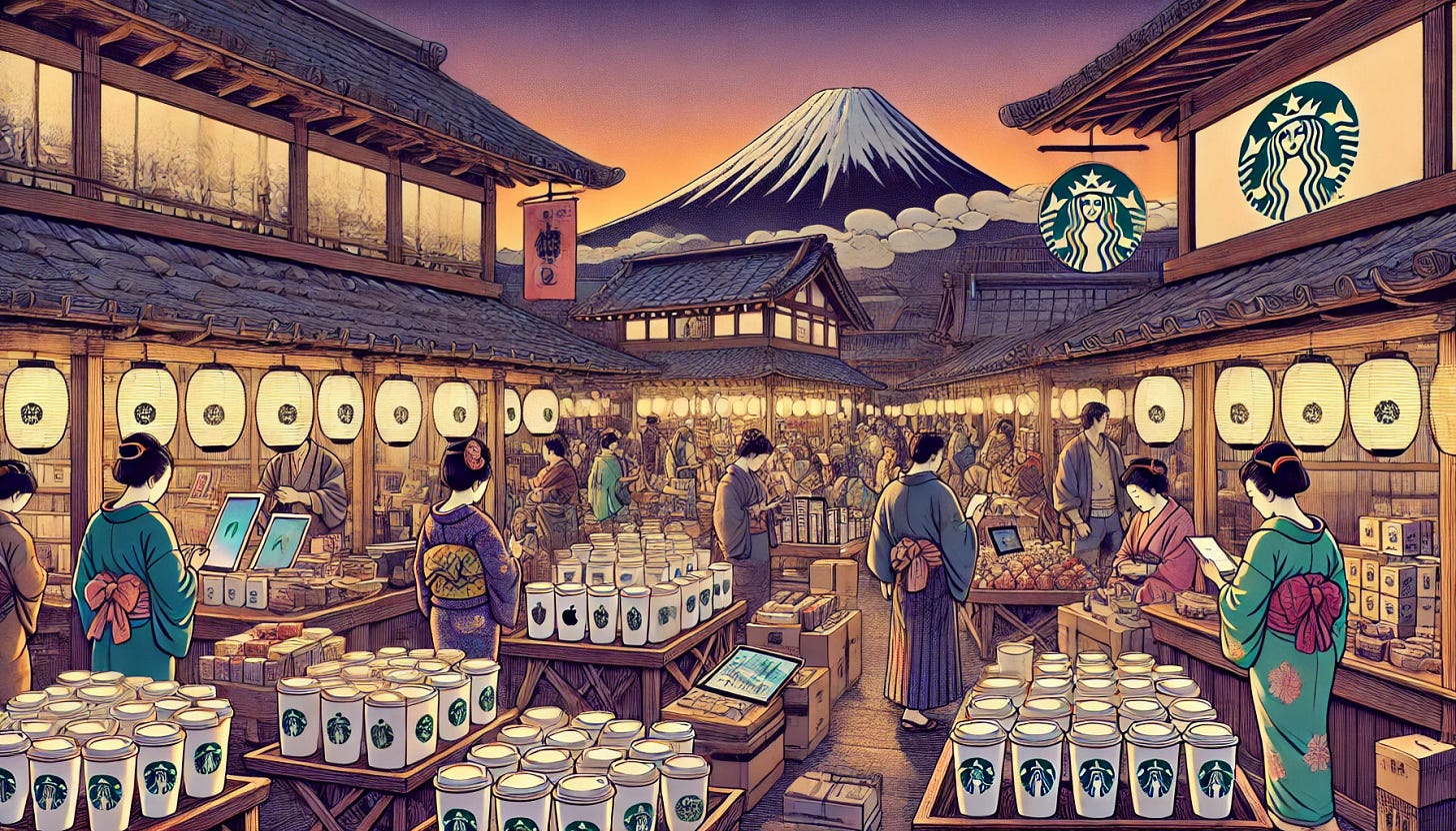 A digital artwork in the style of Hokusai, depicting a bustling marketplace filled with vibrant activity. Vendors are selling modern merchandise such as Apple electronics, like sleek MacBooks and iPhones, displayed alongside Starbucks coffee cups with distinct logos, stacked neatly in rows. Traditional wooden stalls are adorned with soft glowing lanterns, adding a warm illumination to the scene. The setting is at dusk, with a gentle gradient in the sky transitioning from deep orange to soft purple. People dressed in a mix of Edo-period Japanese attire and modern clothing interact, with shadows and highlights enhancing their movements. In the background, a towering mountain reminiscent of Mount Fuji is partially veiled by clouds. The composition combines delicate, flowing lines with a vivid color palette, blending modern and traditional elements seamlessly. Created Using: Japanese woodblock style, intricate linework, glowing lanterns, dusk ambiance, soft gradients, Edo-period influences, modern juxtaposition, high-definition quality, natural aesthetic.