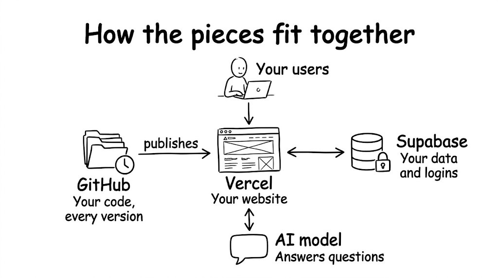A simple map of five boxes. In the centre, Vercel, labelled "your website". On the left, GitHub, labelled "your code, every version", with an arrow into Vercel marked "publishes". On the right, Supabase, labelled "your data and logins", and below it the AI model, labelled "answers questions", both connected to Vercel by two-way arrows. Above Vercel, a person with a laptop labelled "your users" opens the website address. A simple map of five boxes. In the centre, Vercel, labelled "your website". On the left, GitHub, labelled "your code, every version", with an arrow into Vercel marked "publishes". On the right, Supabase, labelled "your data and logins", and below it the AI model, labelled "answers questions", both connected to Vercel by two-way arrows. Above Vercel, a person with a laptop labelled "your users" opens the website address.