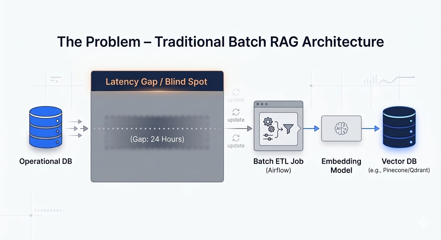 Diagram 1: The Problem - Traditional Batch RAG Architecture Imagine a linear flow: Operational DB -> (Gap: 24 Hours) -> Batch ETL Job (Airflow) -> Embedding Model -> Vector DB.