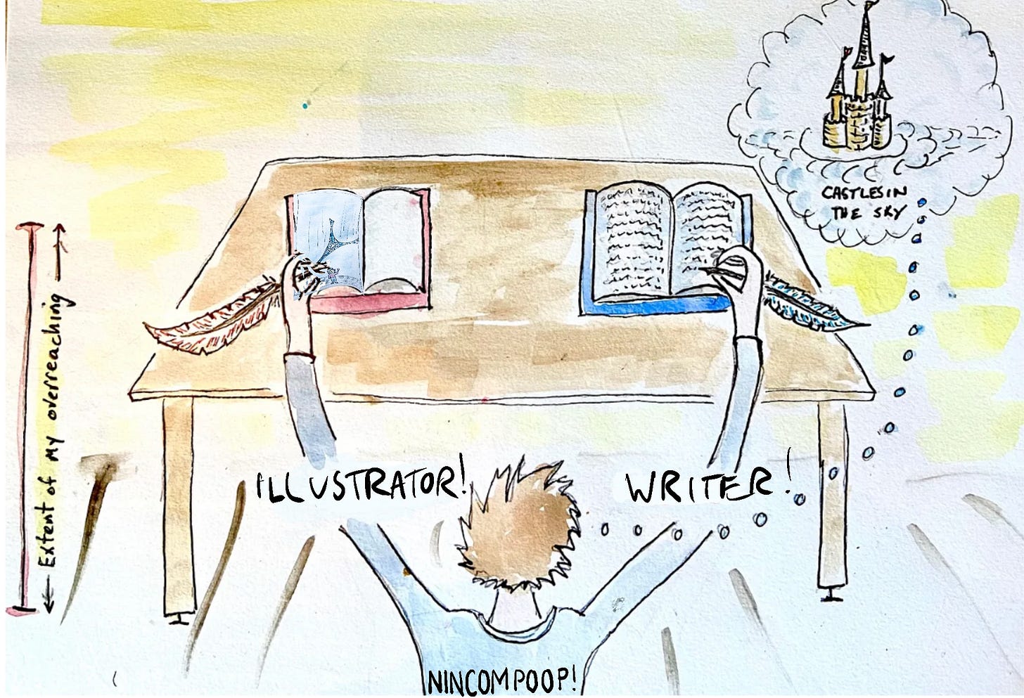 A man writes with both hands at a desk