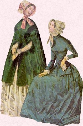 two women in green dresses, one wearing a pink hat and the other wears a blue dress