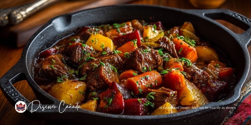 Hearty Prairie bison stew with root vegetables in rustic bowl on wooden table.