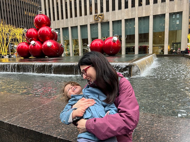 Left: Me with New Year yolka, Odessa, Ukraine, circa 1987. Right: Me with 3-year-old daughter, NYC, December 2023.