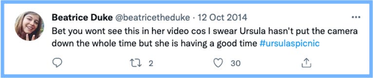 Bea Tweets: Bet you wont see this in her video cos I swear Ursula hasn't put the camera down the whole time but she is having a good time #ursulaspicnic