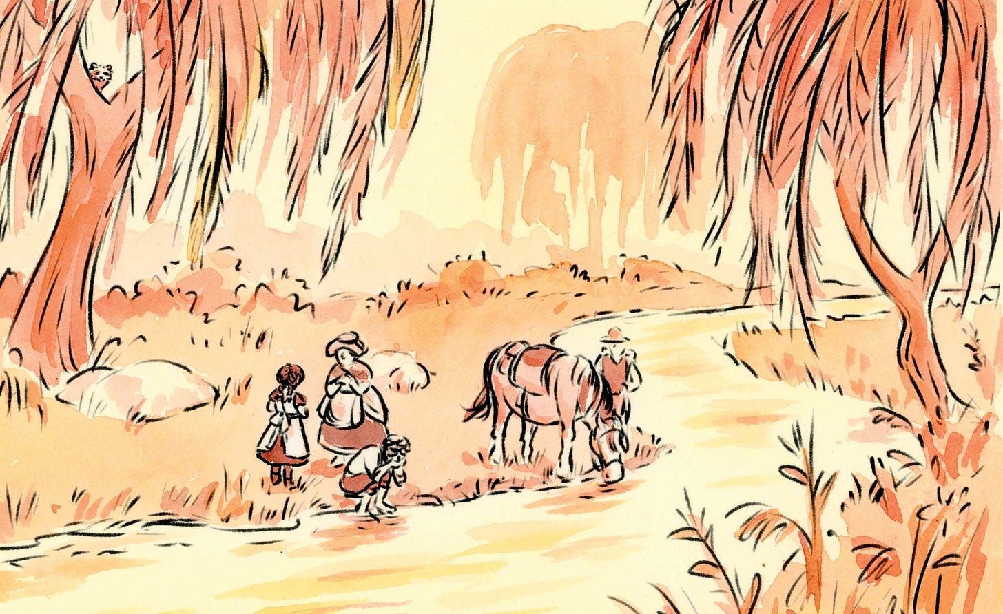 Watercolor comic page from graphic novelist K. Woodman-Maynard’s graphic novel adaptation of Tuck Everlasting.