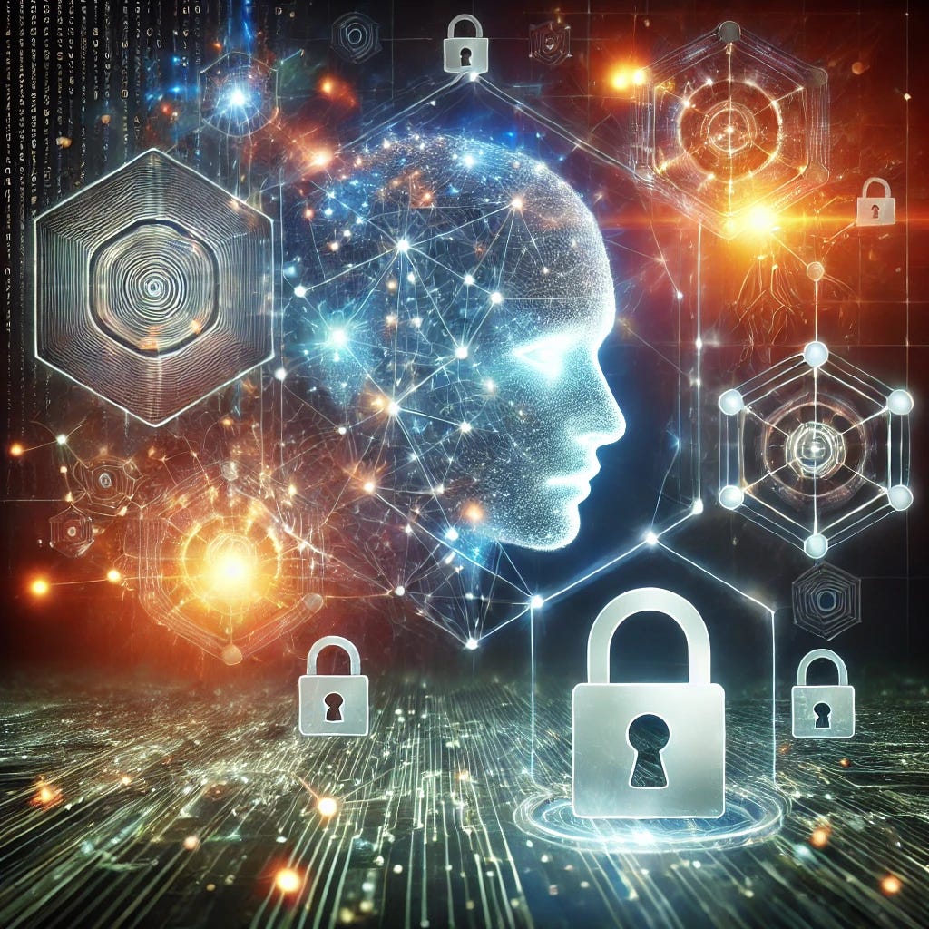 An abstract digital artwork illustrating the synergy between AI Copilot and information governance. A futuristic AI entity seamlessly integrates with structured, glowing data streams, surrounded by digital locks and interconnected nodes. The image conveys a sense of structure and security, with governance forming the solid foundation beneath the AI.