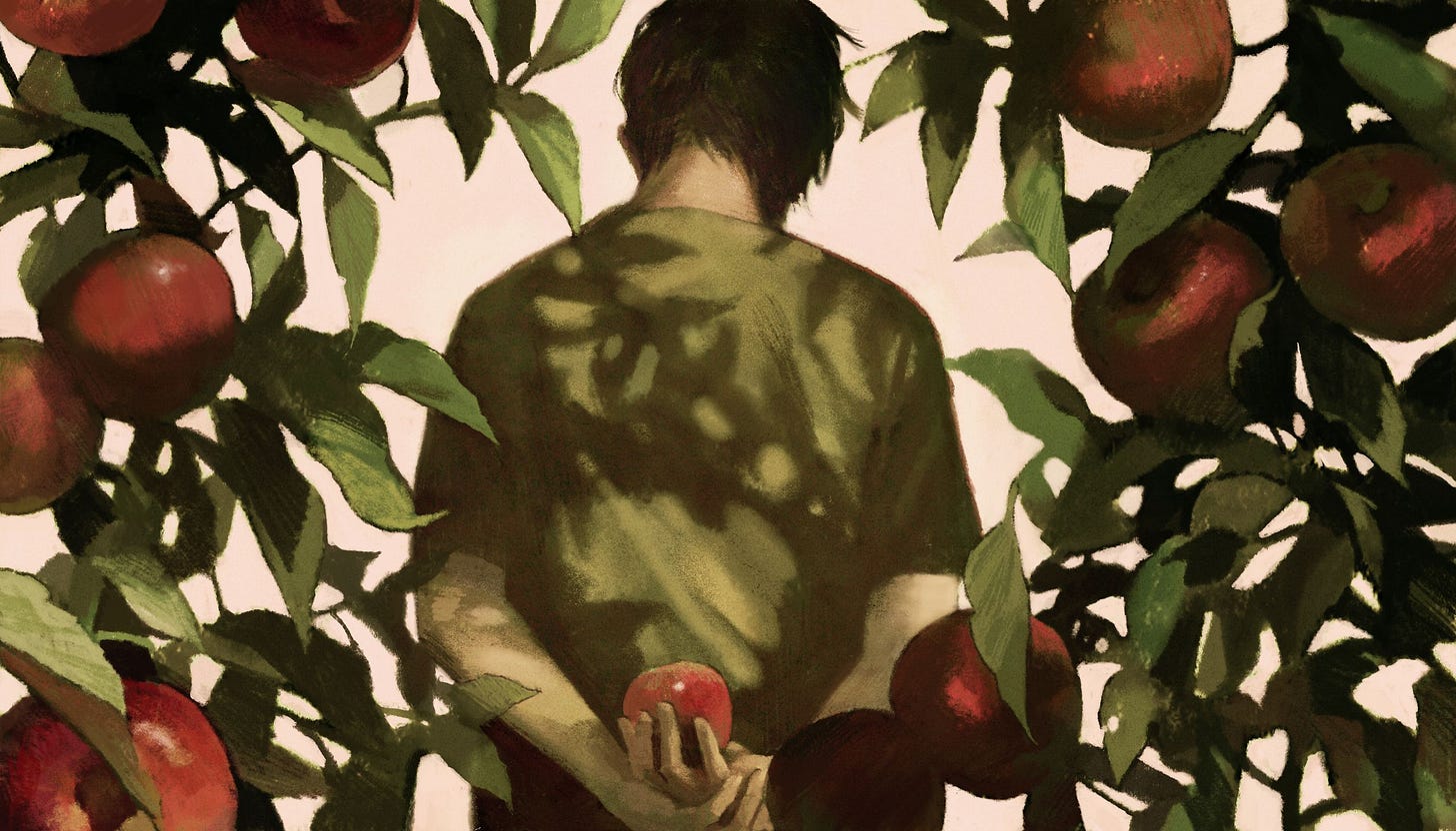 Illustration on a person standing in an apple orchard.