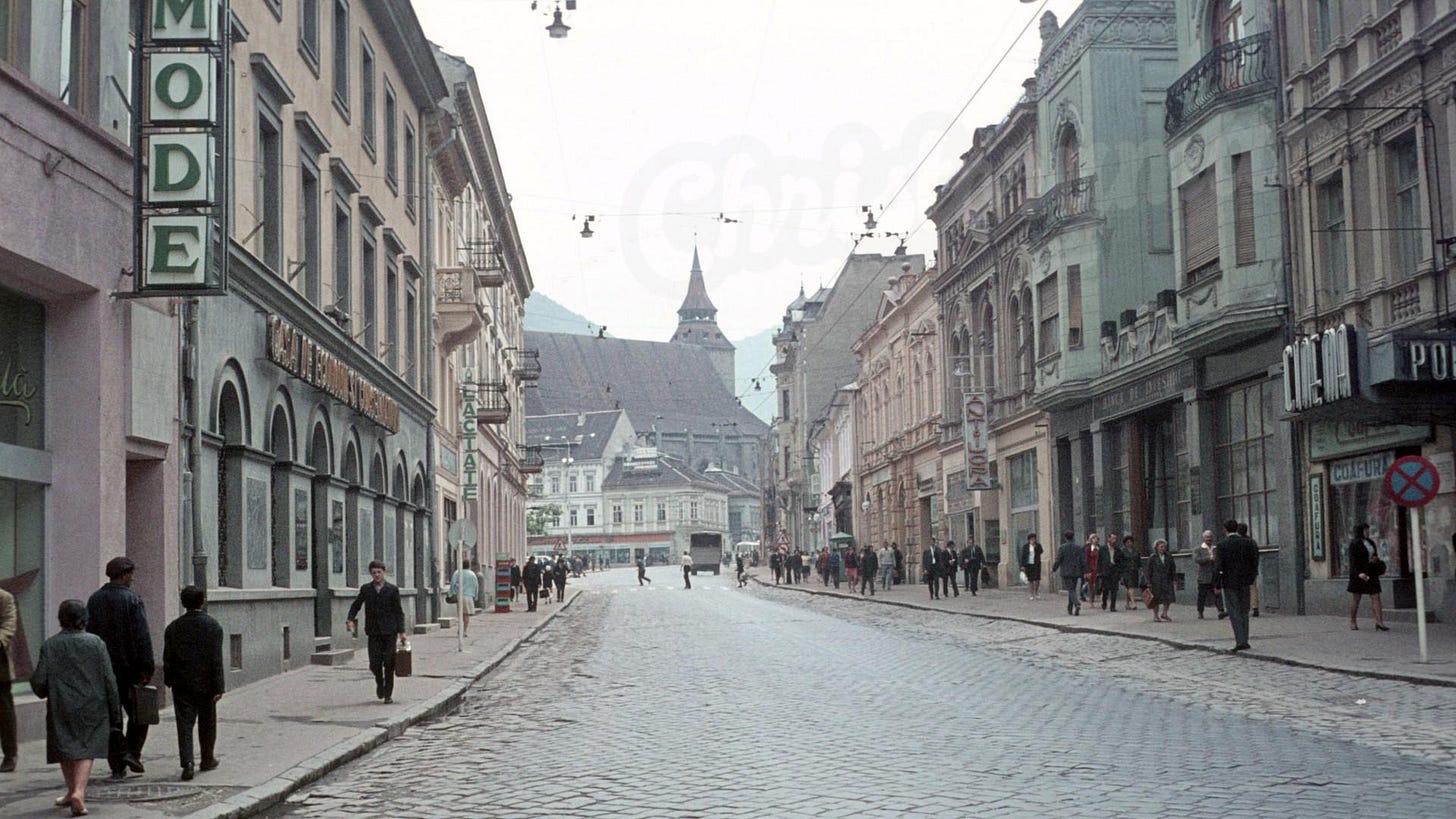 Street in the city center of Brașov (Kronstadt), Romania, 1970s Street in the city center of Brașov (Kronstadt), Romania, 1970s