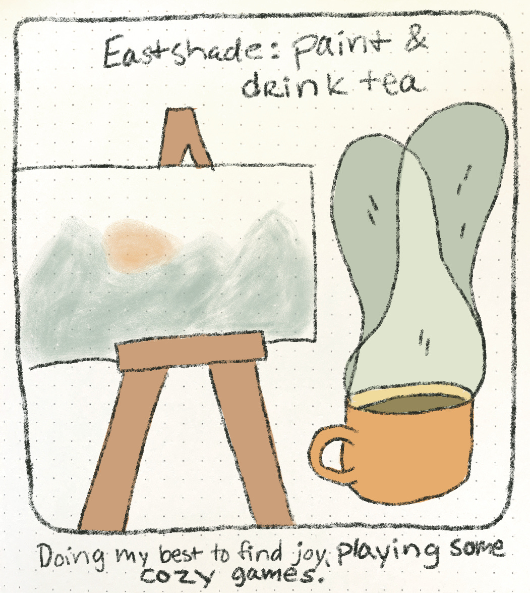 A comic panel of an easel and a cup of steaming tea. Above the easel it says "Eastshade: paint and drink tea." below the panel it says "Doing my best to find joy, playing some cozy games."