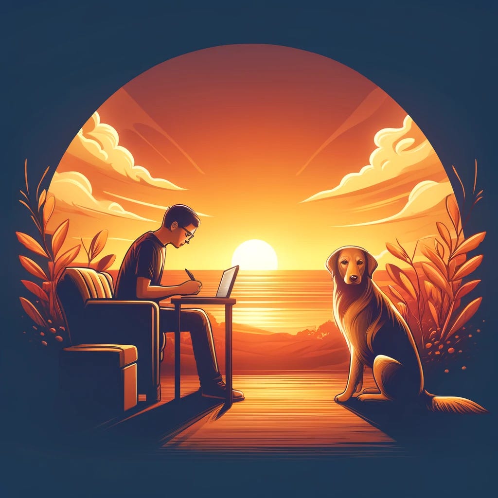 An inspiring illustration of someone working diligently on a project with a calm sunset background, and a loyal dog sitting beside them. The scene represents focus and persistence, with warm colors to signify the importance of completing tasks. The dog adds a comforting presence, gazing attentively at the person working.