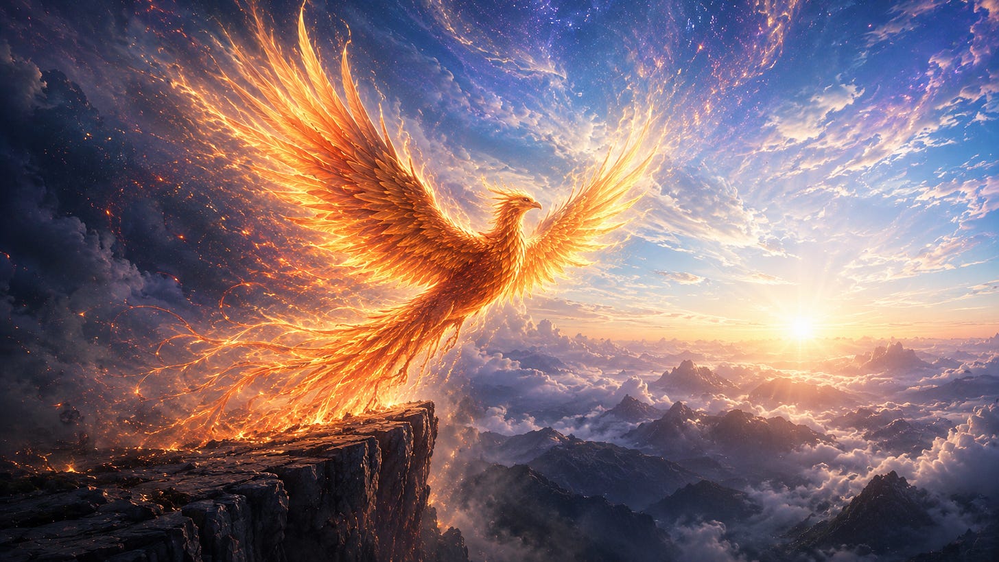An image of a powerful Phoenix launching from the edge of a mountain cliff into a vast luminous blue sky at sunrise. An image of a powerful Phoenix launching from the edge of a mountain cliff into a vast luminous blue sky at sunrise.
