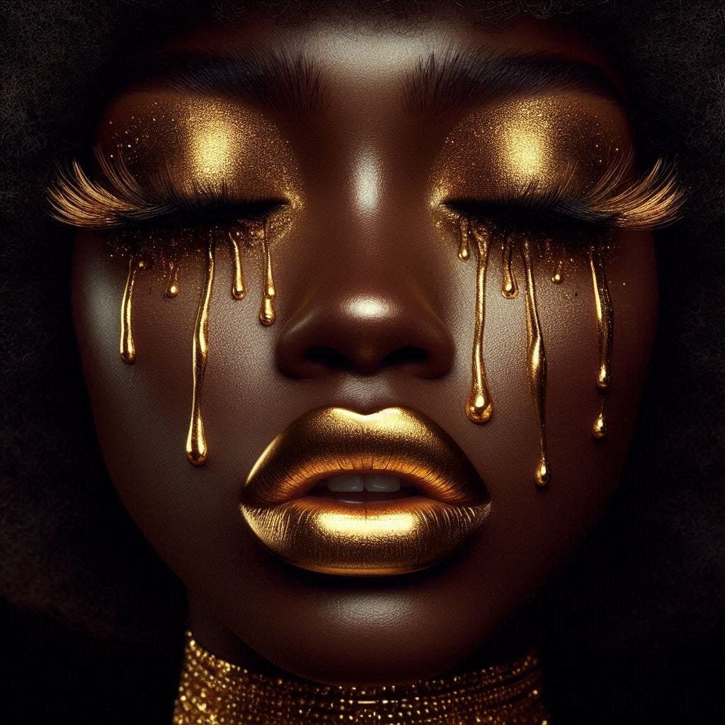 Afrocentric queen with gold luscious lips, eyebrows, eyelashes, and crying tears