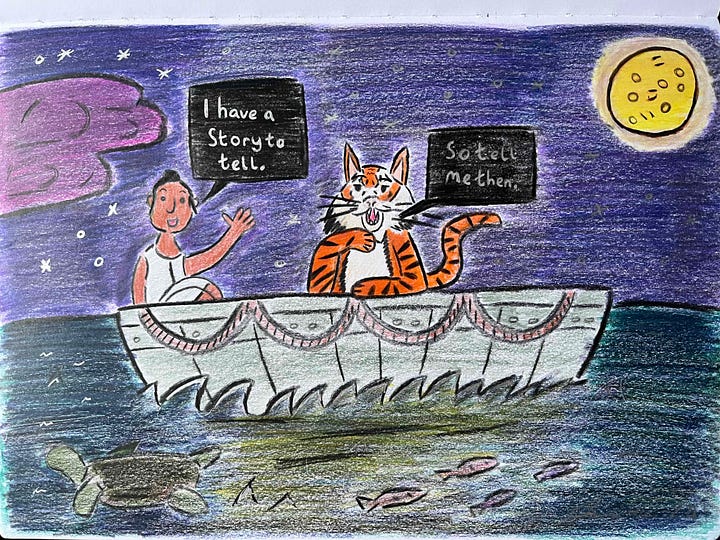 coloured sketches of Life of Pi and a gritty street scene in James' sketchbook
