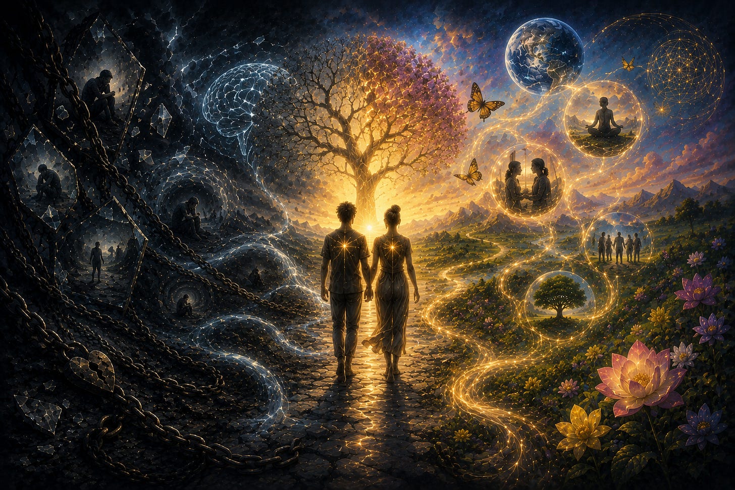 Surreal symbolic artwork showing two human figures walking from a dark fractured landscape towards a luminous tree, golden pathways, butterflies, flowers, and cosmic light, representing healing, coherence, memory, evolution, and experience becoming structure.
