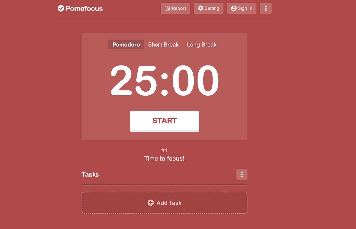 The Pomofocus web timer on a deep red background, showing the Pomodoro / Short Break / Long Break tabs, a 25:00 countdown, a large START button and an empty Tasks list with an Add Task row