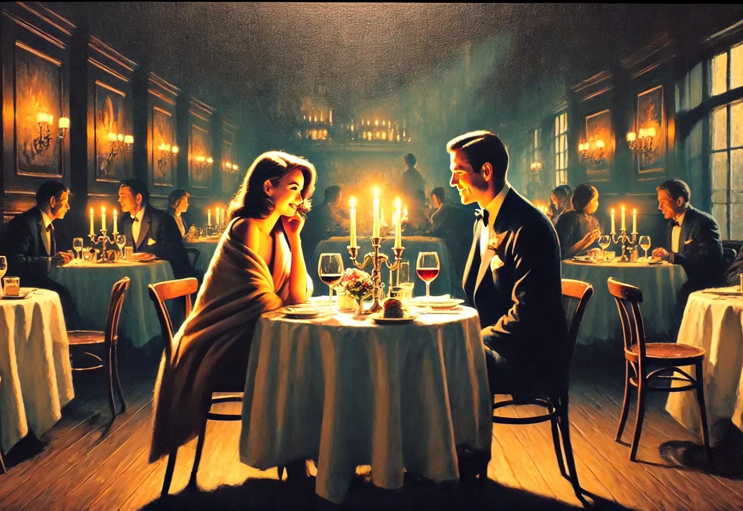 A painting of a couple dining at a candlelit restaurant. The scene is intimate and cozy, with soft, warm lighting from candles placed on the table between them. The couple sits at a small round table, elegantly set with plates and wine glasses. Behind them, there is a backdrop of dimly lit restaurant décor, with other tables in the distance but not in focus. The couple looks at each other, smiling, creating a sense of connection and warmth. The colors are soft, with deep shadows and a romantic ambiance filling the scene.