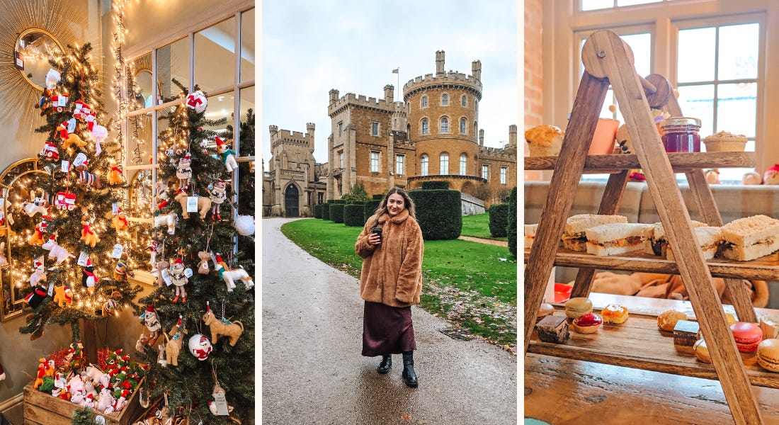 Three pictures - one of two Christmas trees next to a window, one of Eve Smallman wearing a brown coat standing in front of Belvoir Castle, and one of a ladder of afternoon tea on a table Three pictures - one of two Christmas trees next to a window, one of Eve Smallman wearing a brown coat standing in front of Belvoir Castle, and one of a ladder of afternoon tea on a table