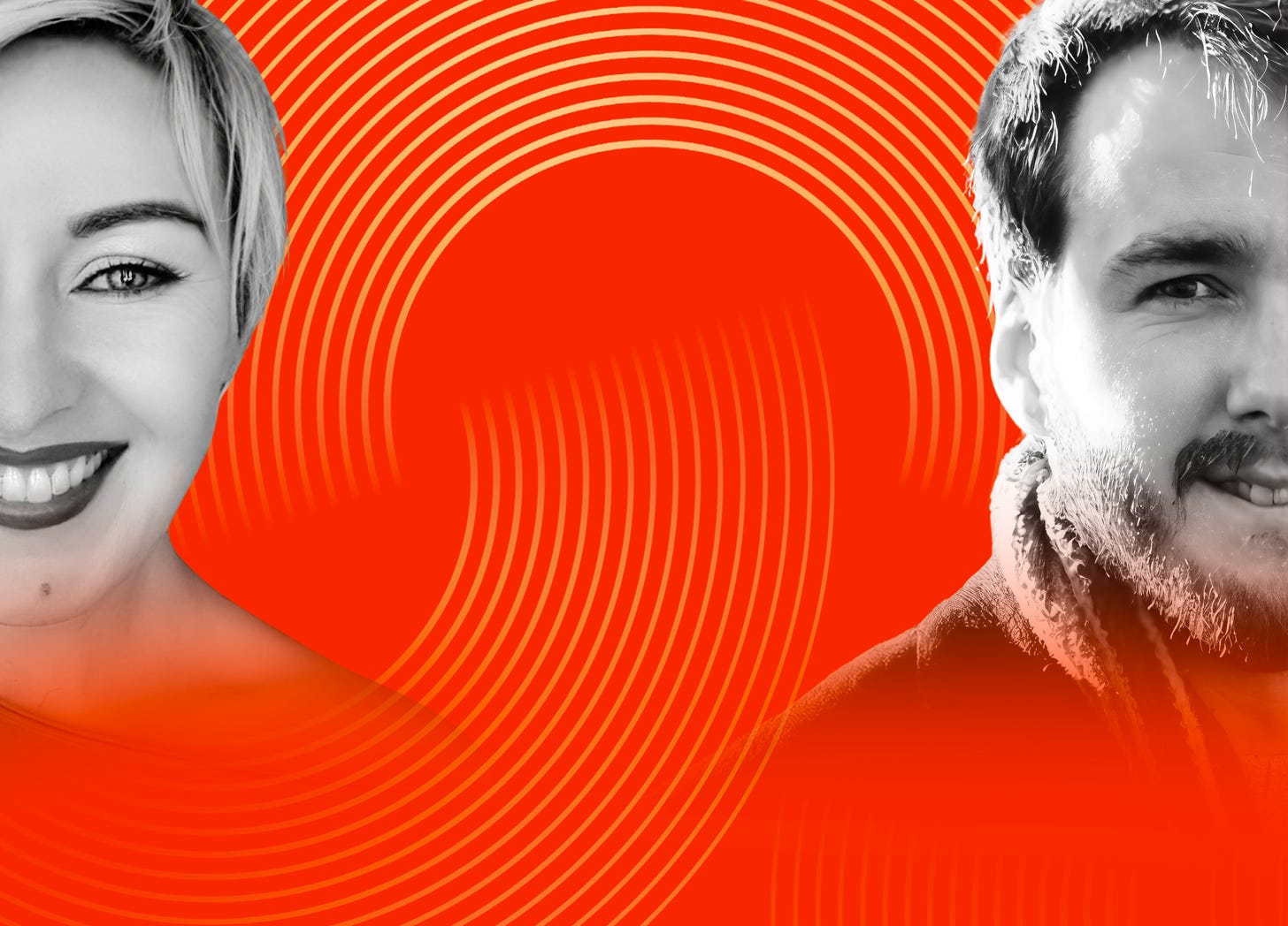 A rectangular image featuring black and white headshots of The Parallel Effect Podcast’s host, Daz Chandler, and special guest, Gareth Dennis. Their images are positioned at the edge of the frame parallel to one another, against a vivid orange background with lots of interlocking circles. 