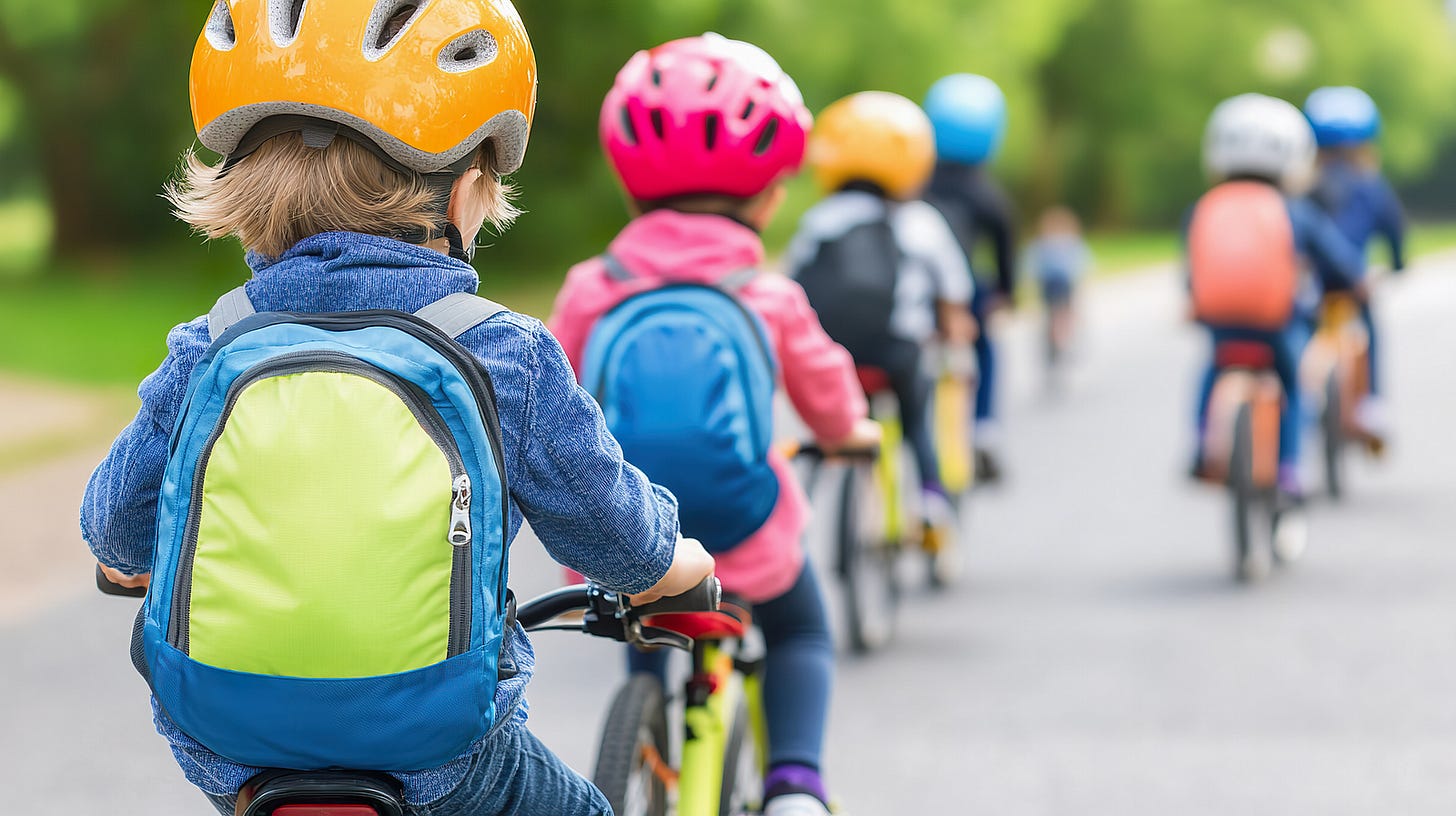 stock photo of children riding bicycles to school