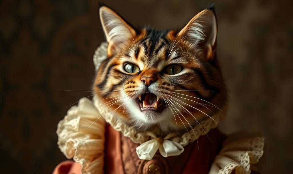 An orange and black-striped cat in anguish wearing a regency-era dress.