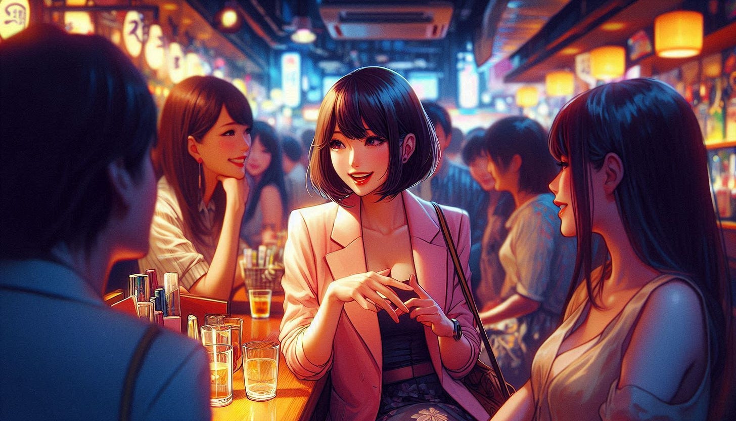 A pretty Japanese woman with a bob is giving advice to an even prettier Japanese woman in a crowded bar in Tokyo. Slight impressionist style.. Image 3 of 4 A pretty Japanese woman with a bob is giving advice to an even prettier Japanese woman in a crowded bar in Tokyo. Slight impressionist style.. Image 3 of 4
