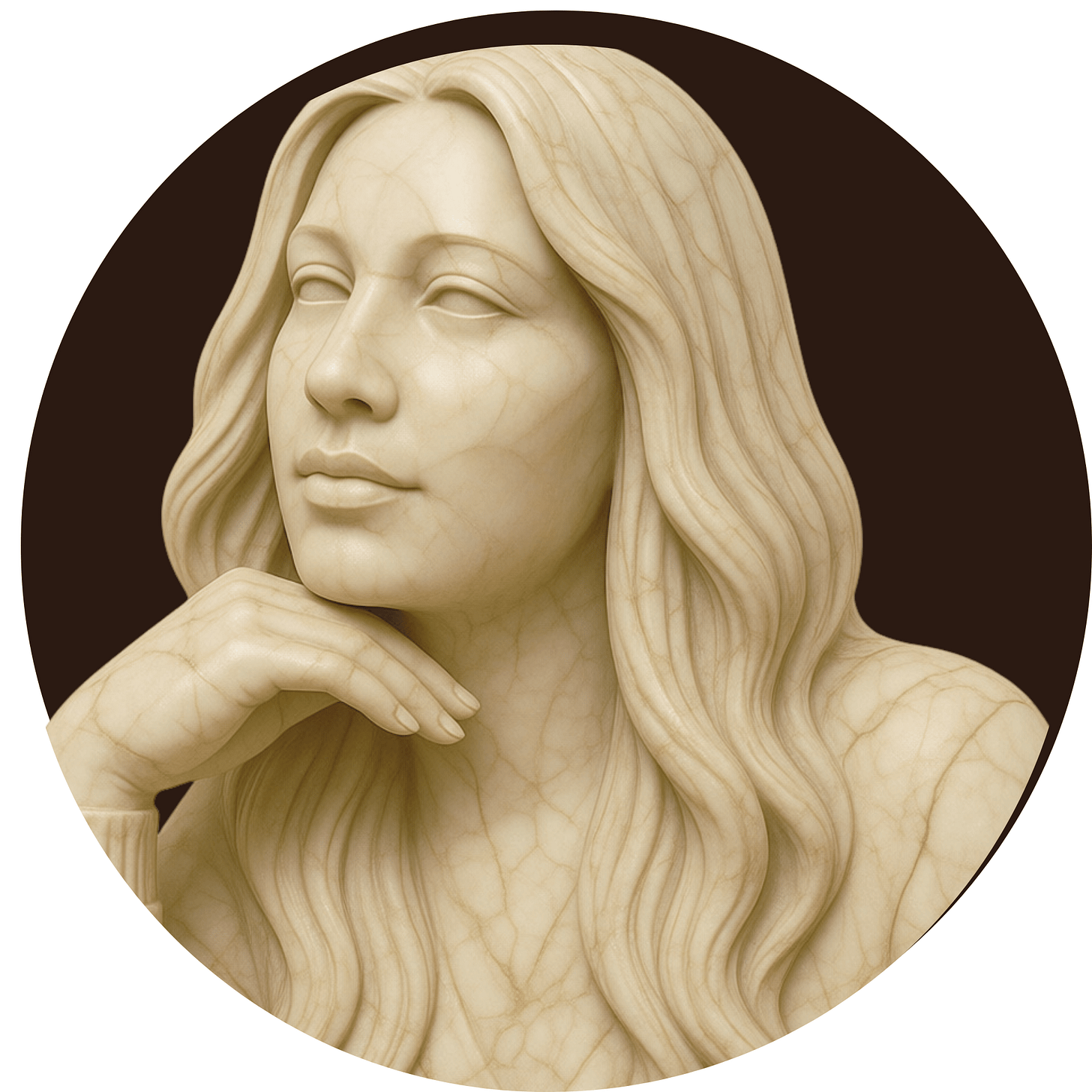 Sign-off portrait of Geneèn Wright rendered as a sculpted classical bust in pale stone against a dark drown circle. Long waved hair, chin resting on one hand, gaze level and slightly amused. Sign-off portrait of Geneèn Wright rendered as a sculpted classical bust in pale stone against a dark drown circle. Long waved hair, chin resting on one hand, gaze level and slightly amused.