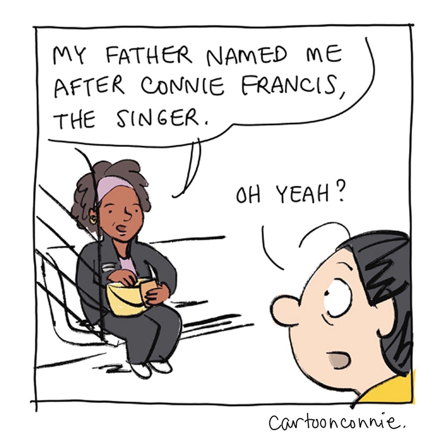 Panel 5/12 of a two-page diary comic about an encounter on a New York City subway in which Connie meets another Connie. Titled "City Diary, July 2026," by Connie Sun, cartoonconnie.