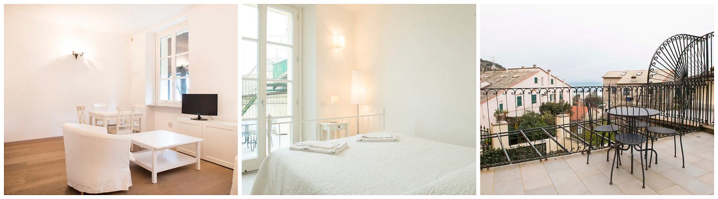 Michael was frustrated by how white our Levanto apartment was, but I loved the view — and it was an incredible bargain for the Cinque Terre.