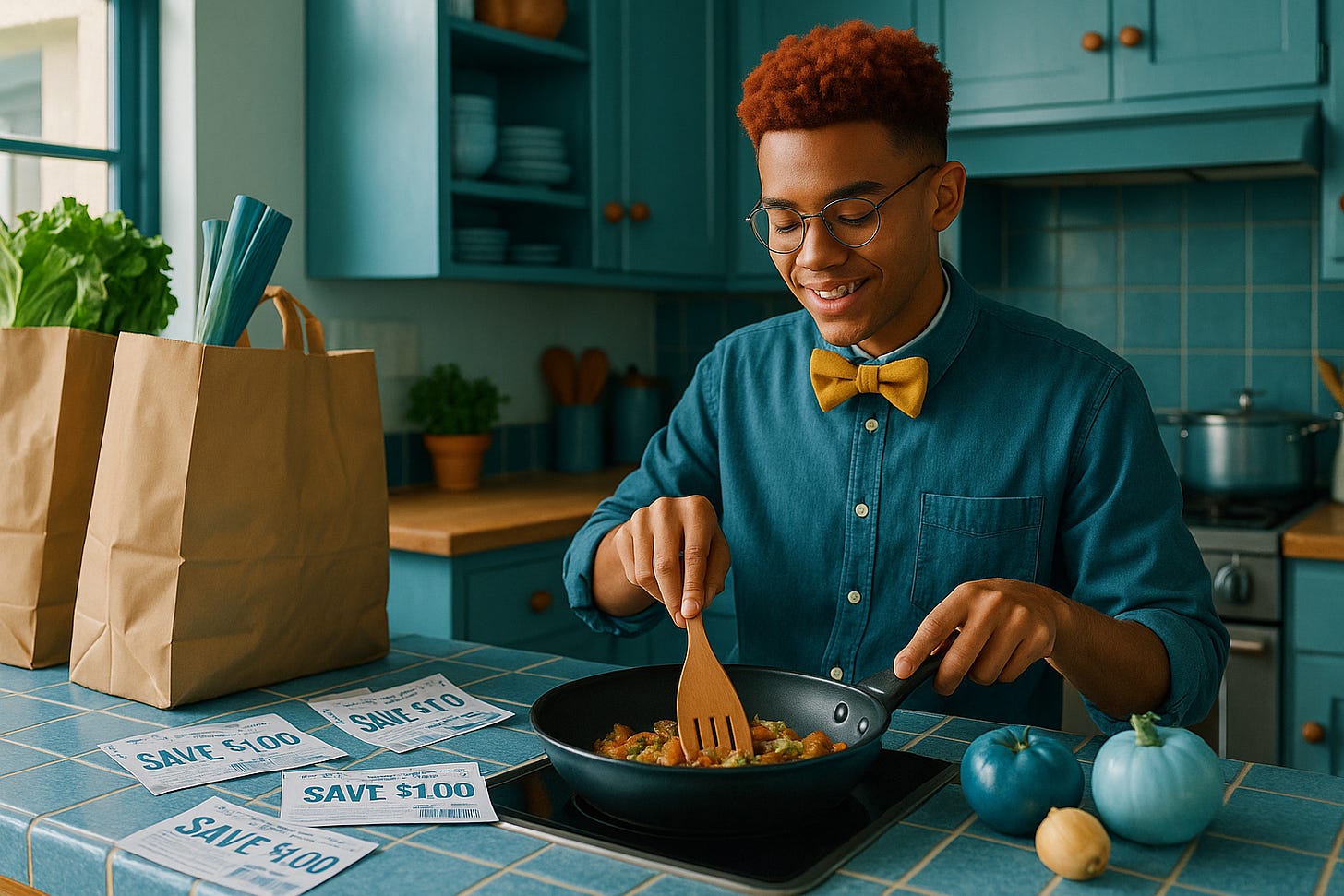 A young Black man with red hair, glasses, and a yellow bow tie cooks a meal in a teal kitchen surrounded by grocery bags and coupons that say “Save $1.00.” A young Black man with red hair, glasses, and a yellow bow tie cooks a meal in a teal kitchen surrounded by grocery bags and coupons that say “Save $1.00.”