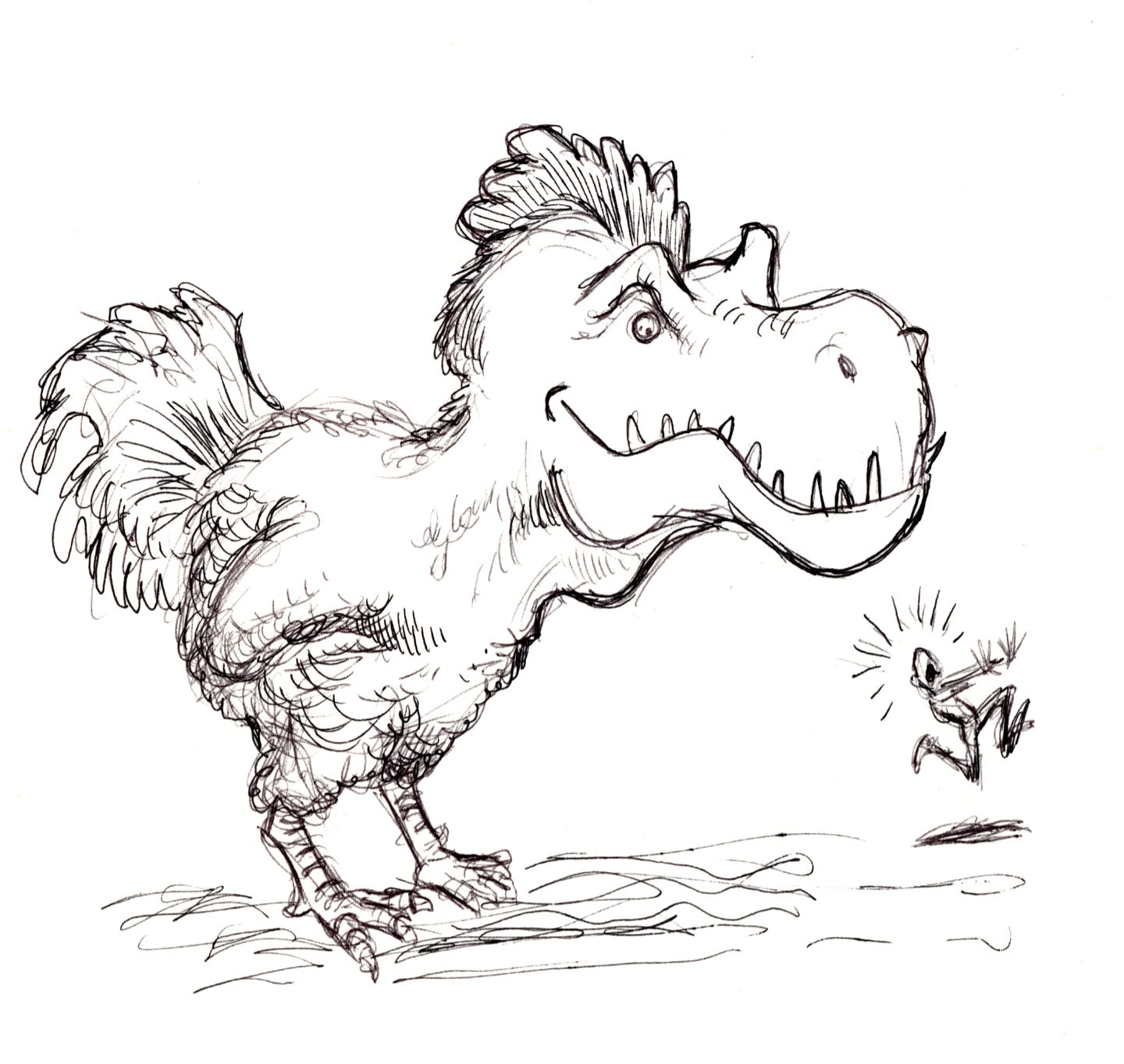 Ballpoint sketch of a giant chicken with a t-rex head looking at a screaming tiny person running away.