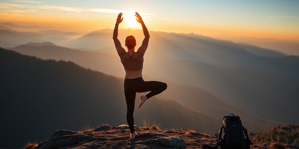 Person doing yoga on mountain at sunrise