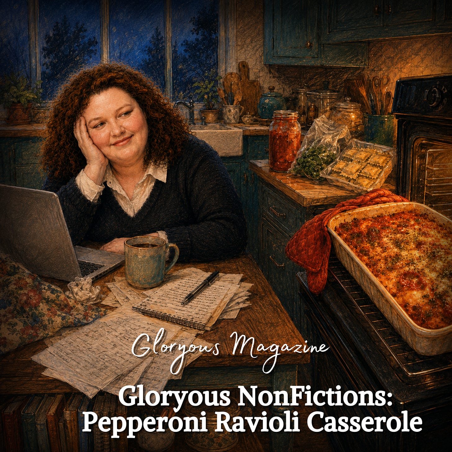 Square illustrated cover image of a smiling, curly-haired woman resting her head on one hand at a cluttered kitchen table with a laptop, coffee mug, handwritten pages, and pen. A glowing pepperoni ravioli casserole sits beside an open oven, with marinara, spinach, and packaged ravioli on the counter. Text reads: “Gloryous Magazine” and “Gloryous NonFictions: Pepperoni Ravioli Casserole.”