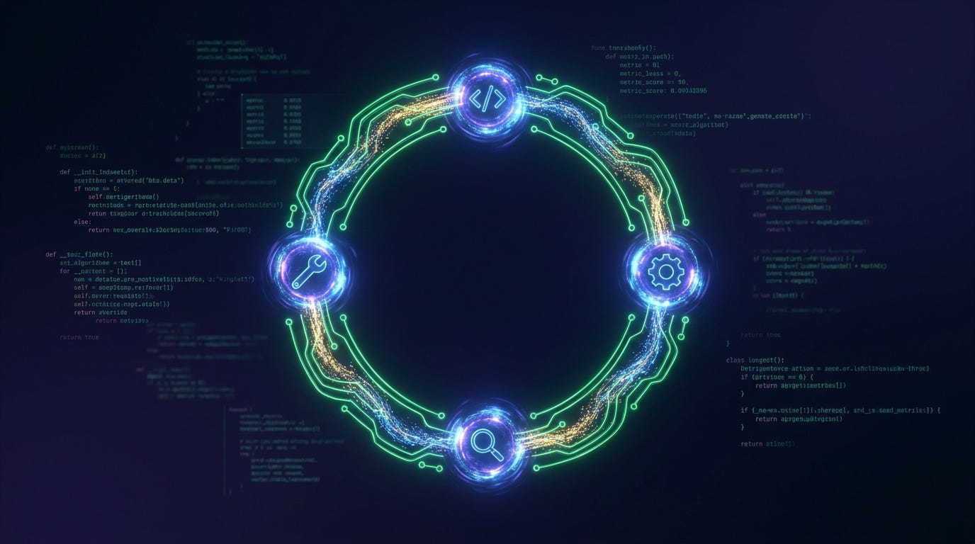 Glowing closed-loop circuit with four AI agent evaluation nodes: Build, Evaluate, Inspect, and Patch, on a dark futuristic background Glowing closed-loop circuit with four AI agent evaluation nodes: Build, Evaluate, Inspect, and Patch, on a dark futuristic background