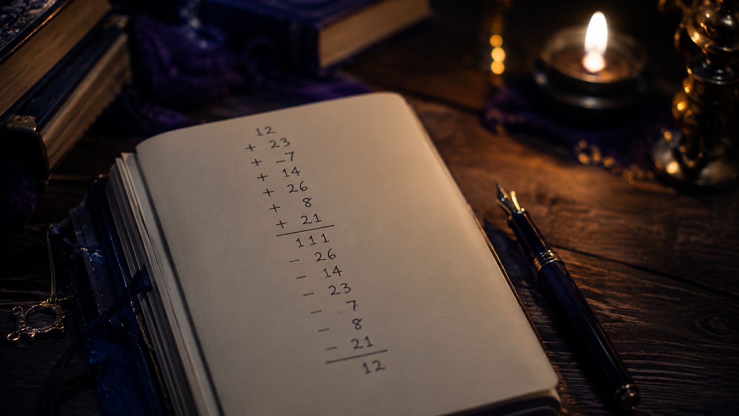 A handwritten column of numbers in a notebook on a dark desk, with a candle burning behind it. A handwritten column of numbers in a notebook on a dark desk, with a candle burning behind it.